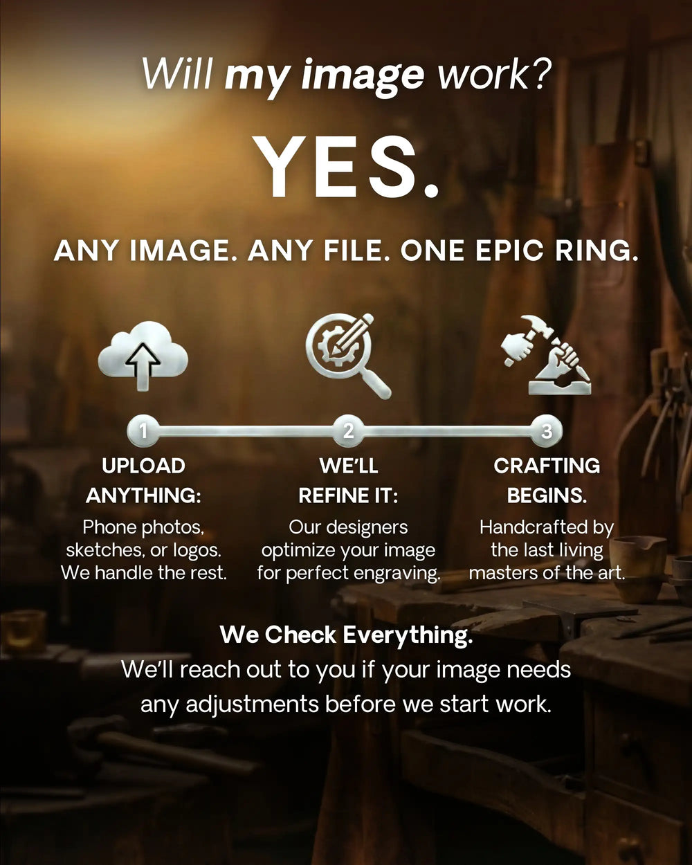 Any image works: upload a photo, sketch or logo, our designers refine it for engraving and check it with you first