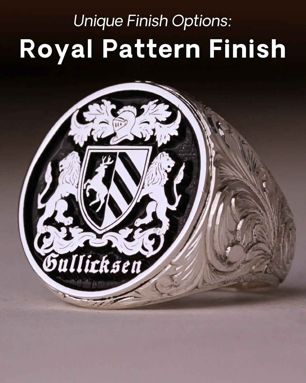 Royal pattern finish: sterling silver signet ring with the Gullicksen family crest and a hand-engraved scroll band