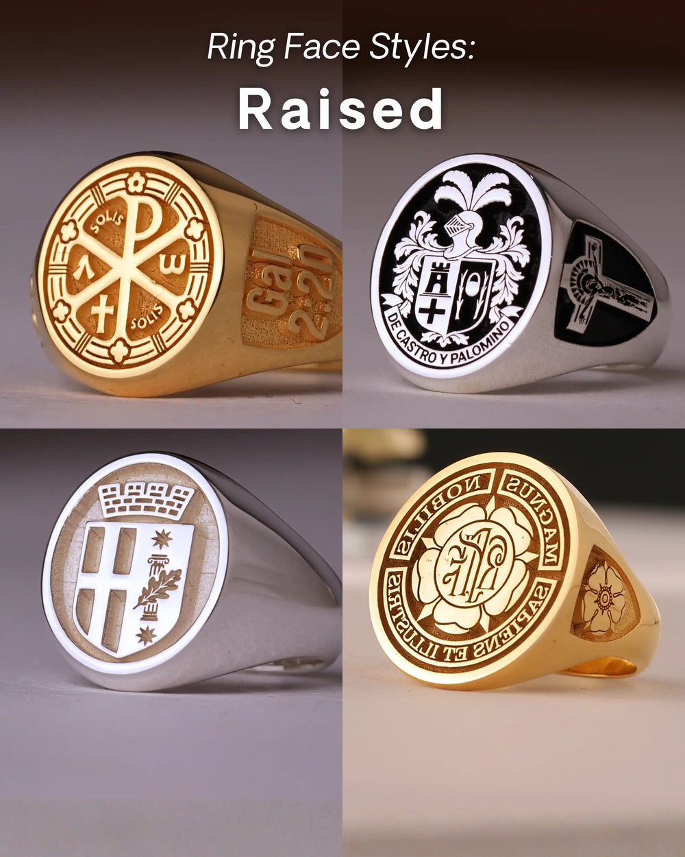 Raised engraving style on four more signet rings: a Chi-Rho emblem, two family crests and a Latin motto seal
