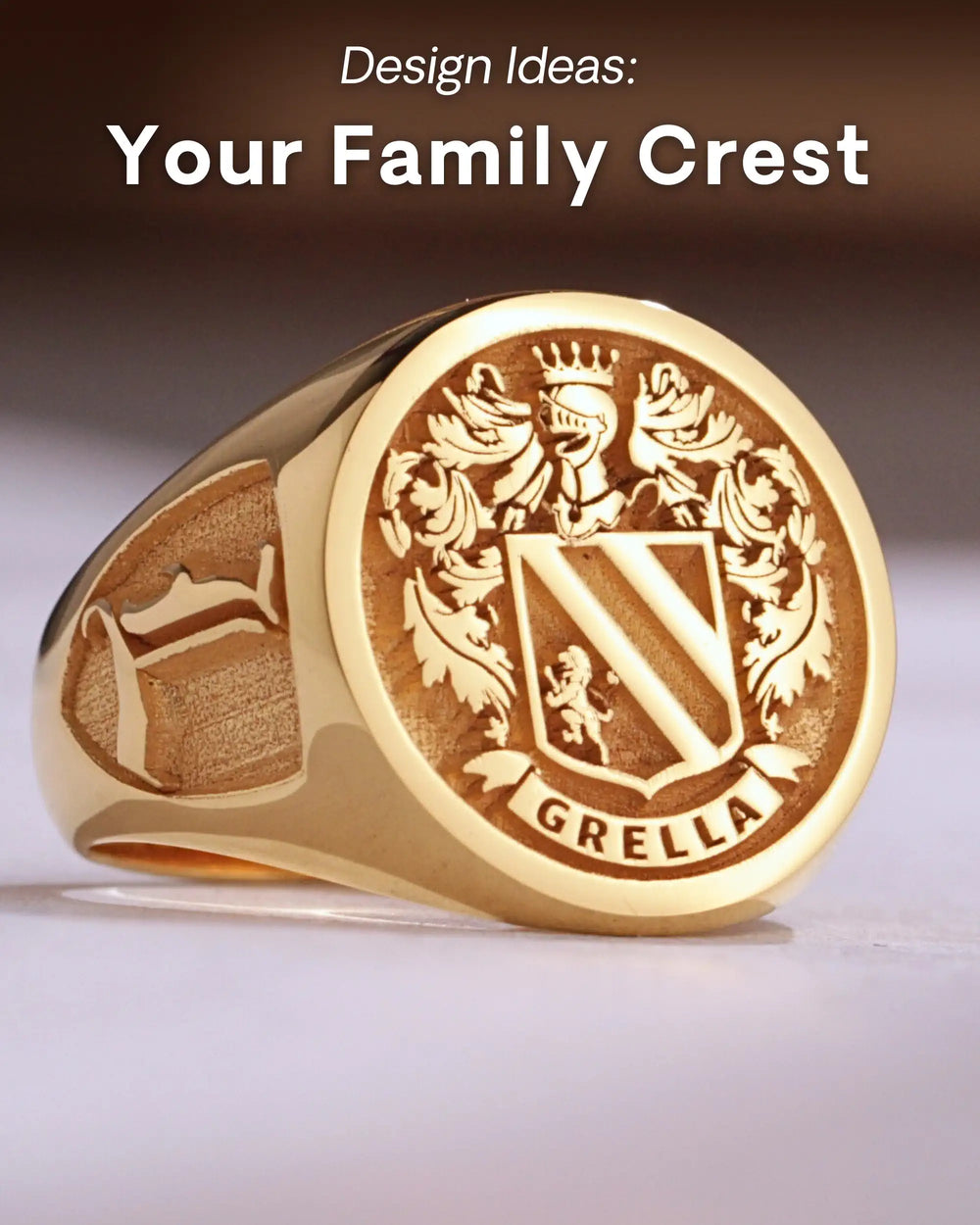 Design idea: gold-finish round signet ring engraved with the Grella family crest