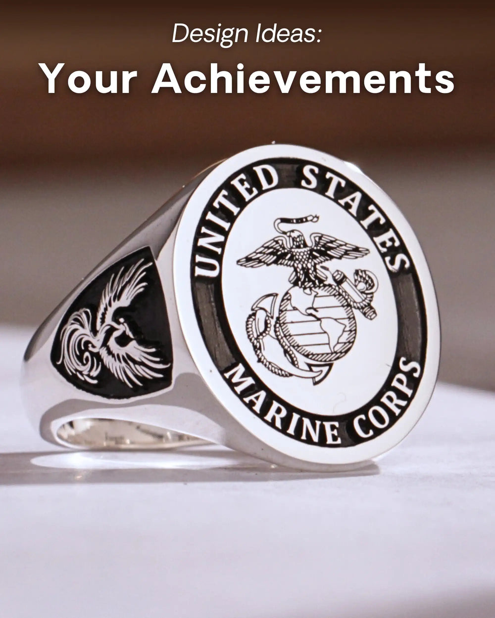 Design idea: silver-finish signet ring engraved with the United States Marine Corps emblem, an eagle on the side
