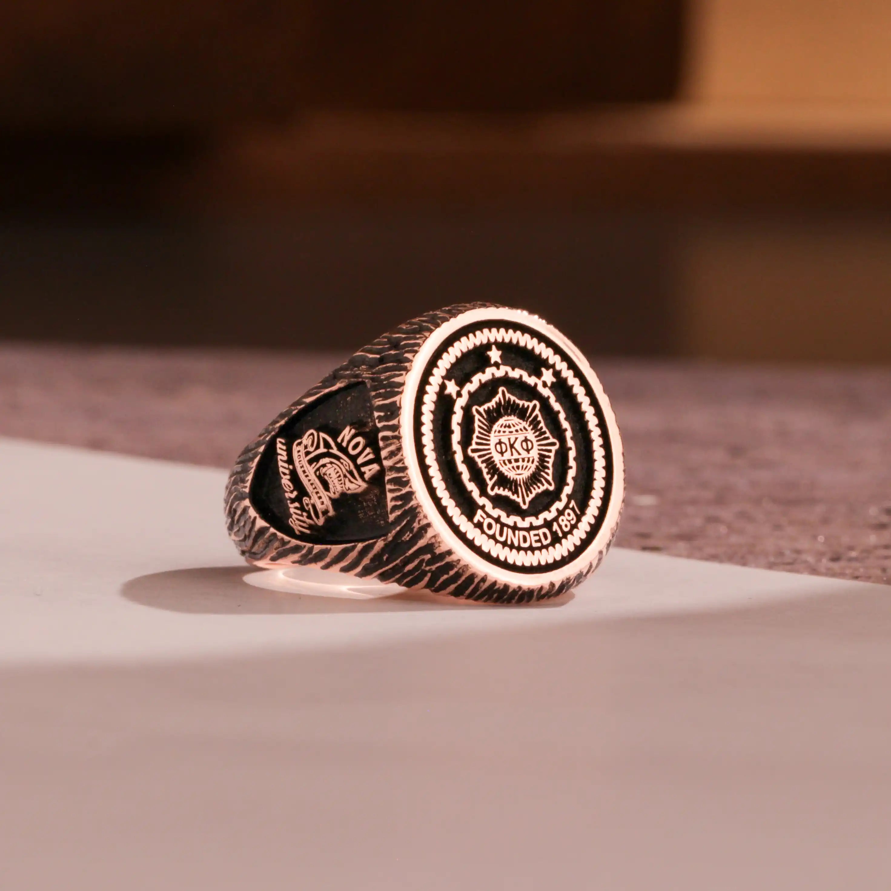 Custom Ring - Rose Gold Coated - Raised Design with Black Inlay and Side Engravings