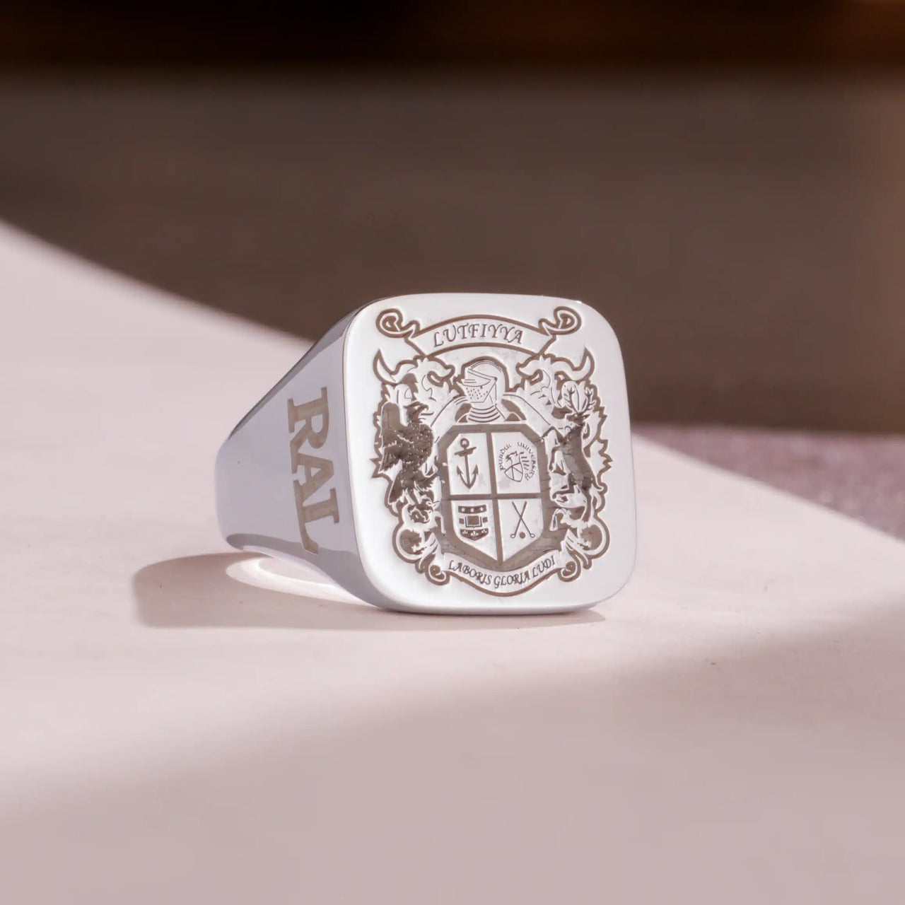 Custom Ring - White Gold Coated - Recessed Design with Side Engravings