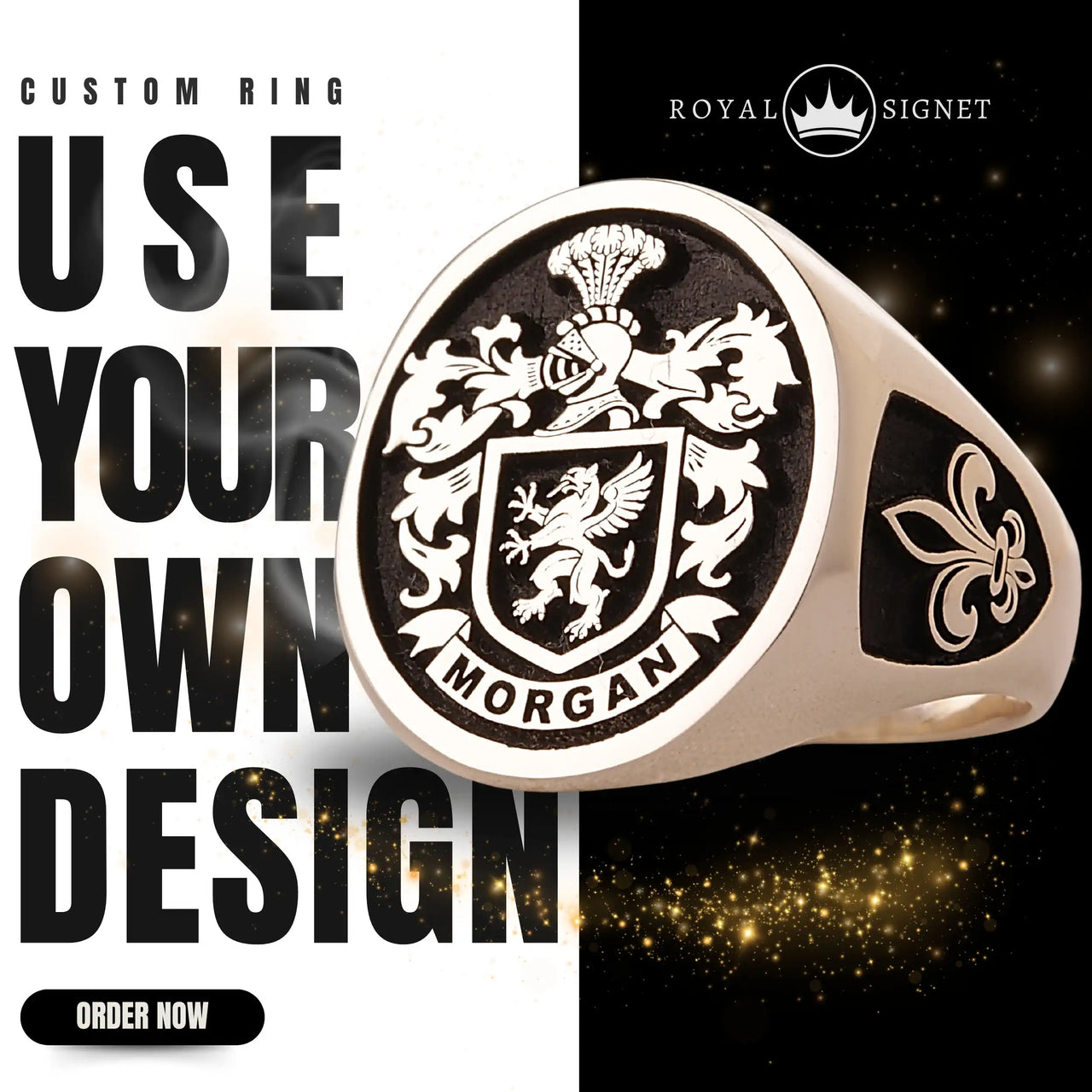 Custom Ring - 925 Silver - Raised Design with Black Inlay and Side Engravings