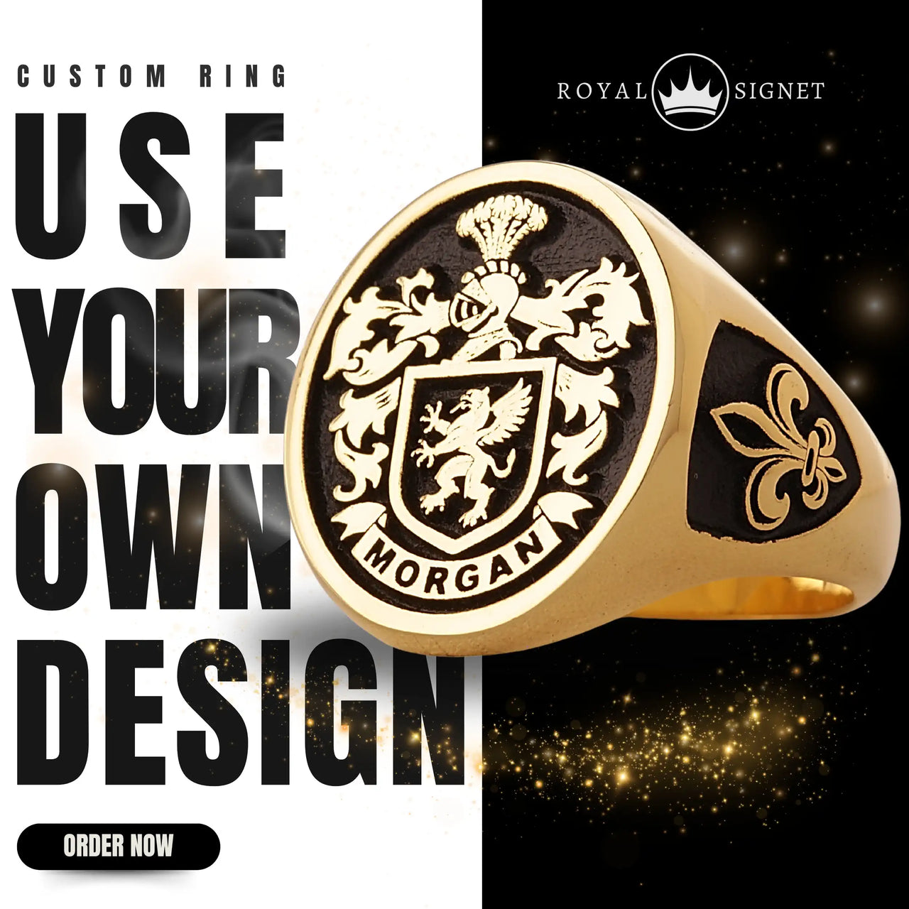 Custom Ring - Gold Coated - Raised Design with Black Inlay and Side Engravings