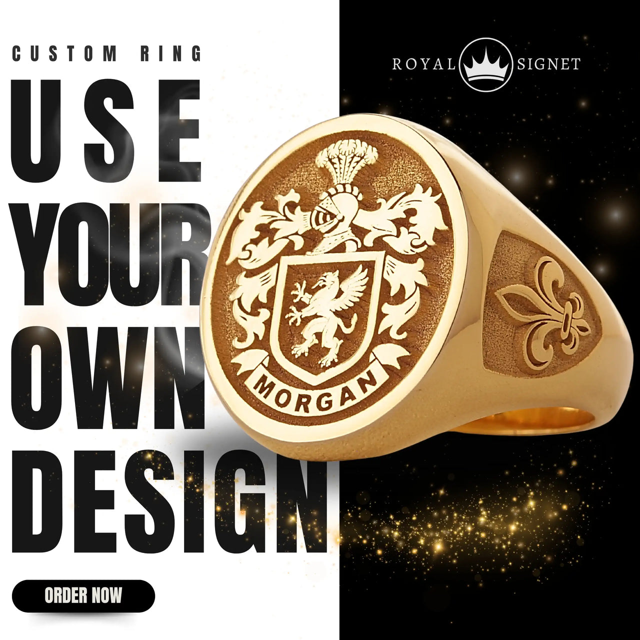 Custom Ring - Gold Coated - Raised Design with Side Engravings