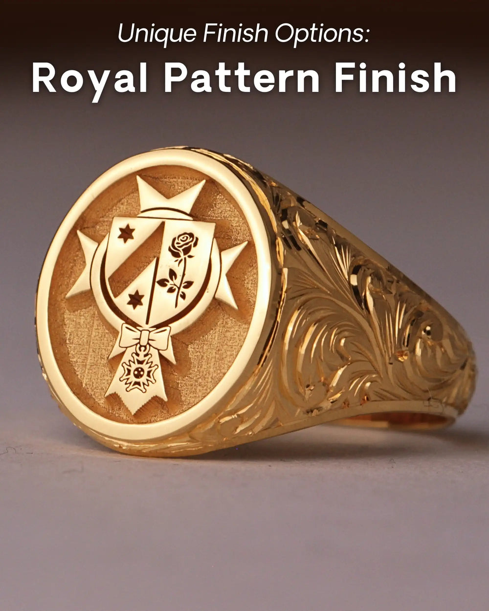 Royal pattern finish: solid gold signet ring with an engraved crest and a hand-engraved scroll pattern on the band