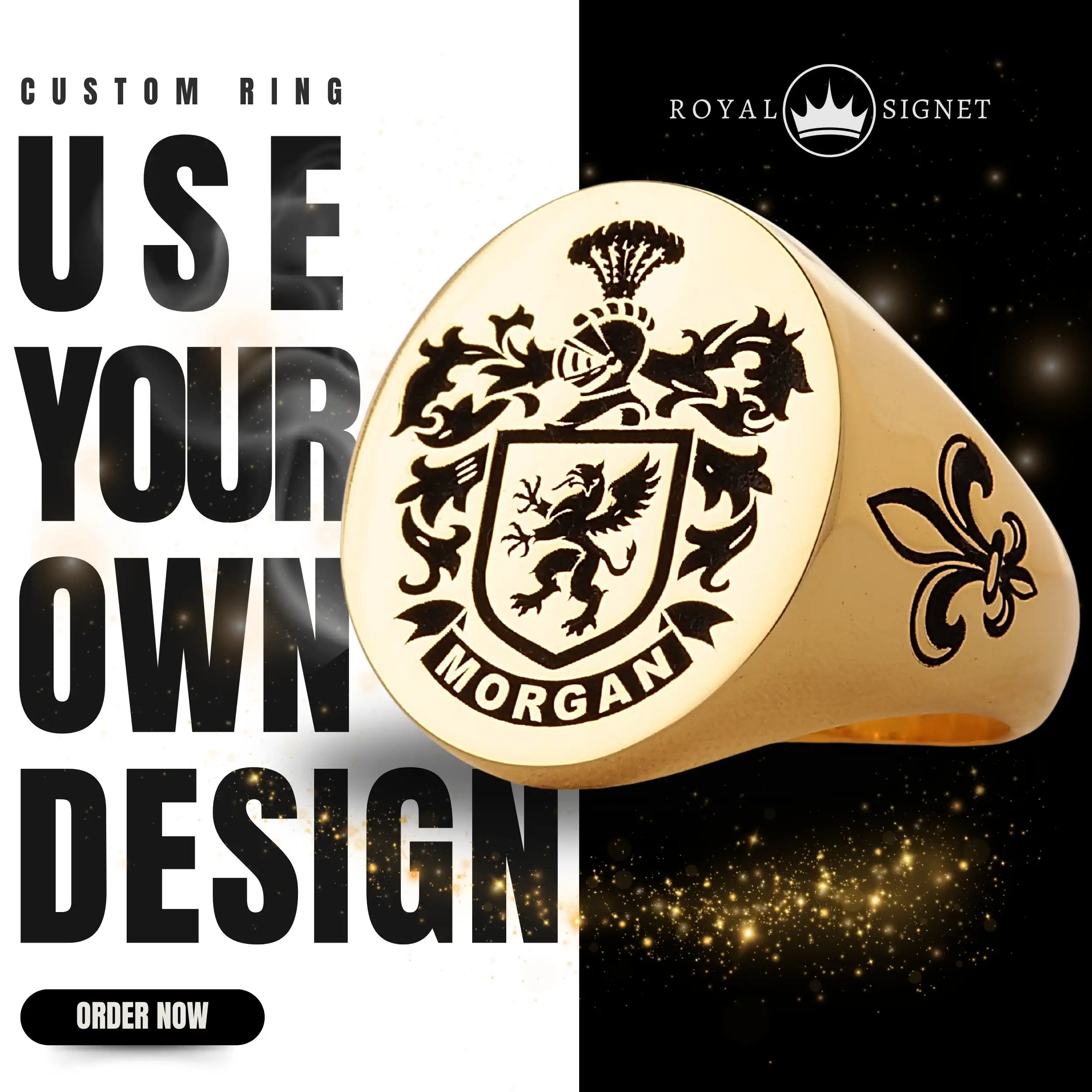 Custom Ring - Gold Coated - Recessed Design with Black Inlay and Side Engravings
