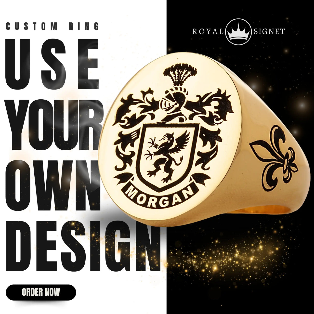 Custom Ring - Gold Coated - Recessed Design with Black Inlay and Side Engravings