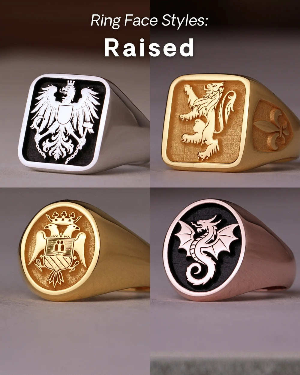 Raised engraving style on four signet rings with an eagle, a lion, a double-headed eagle and a dragon