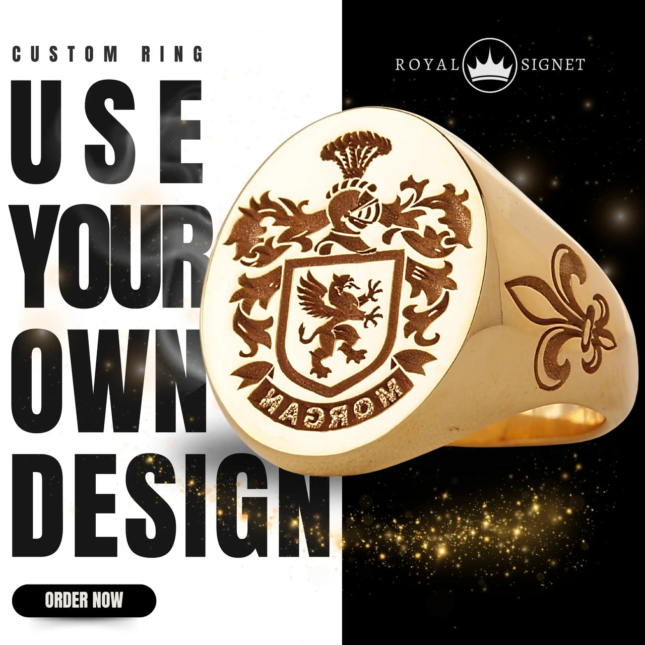 Custom Wax Seal Ring - Gold Coated - Recessed & Reversed Design with Side Engravings