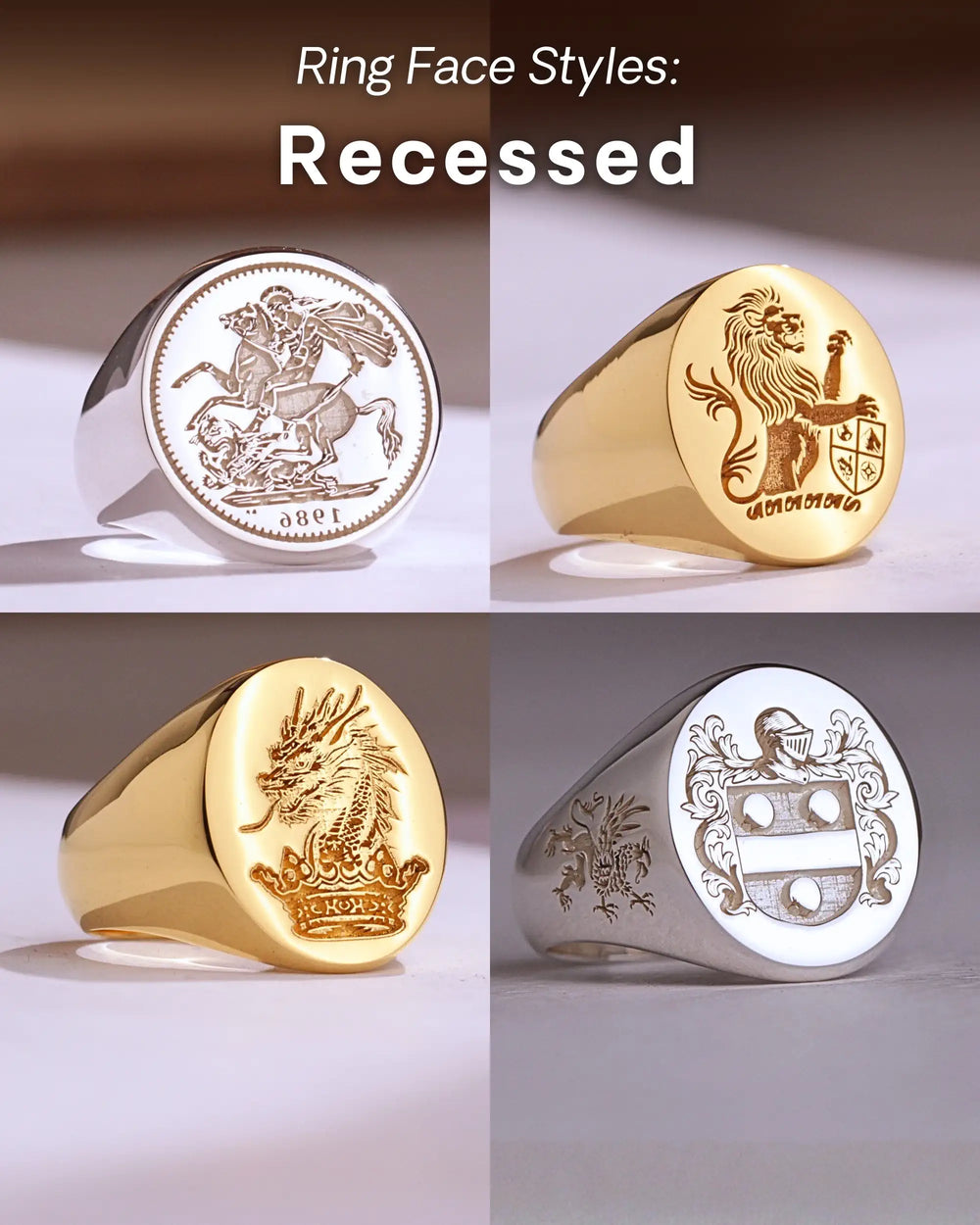 Recessed engraving style, the design cut into the ring face: St George and the dragon, a lion, a dragon and a crest