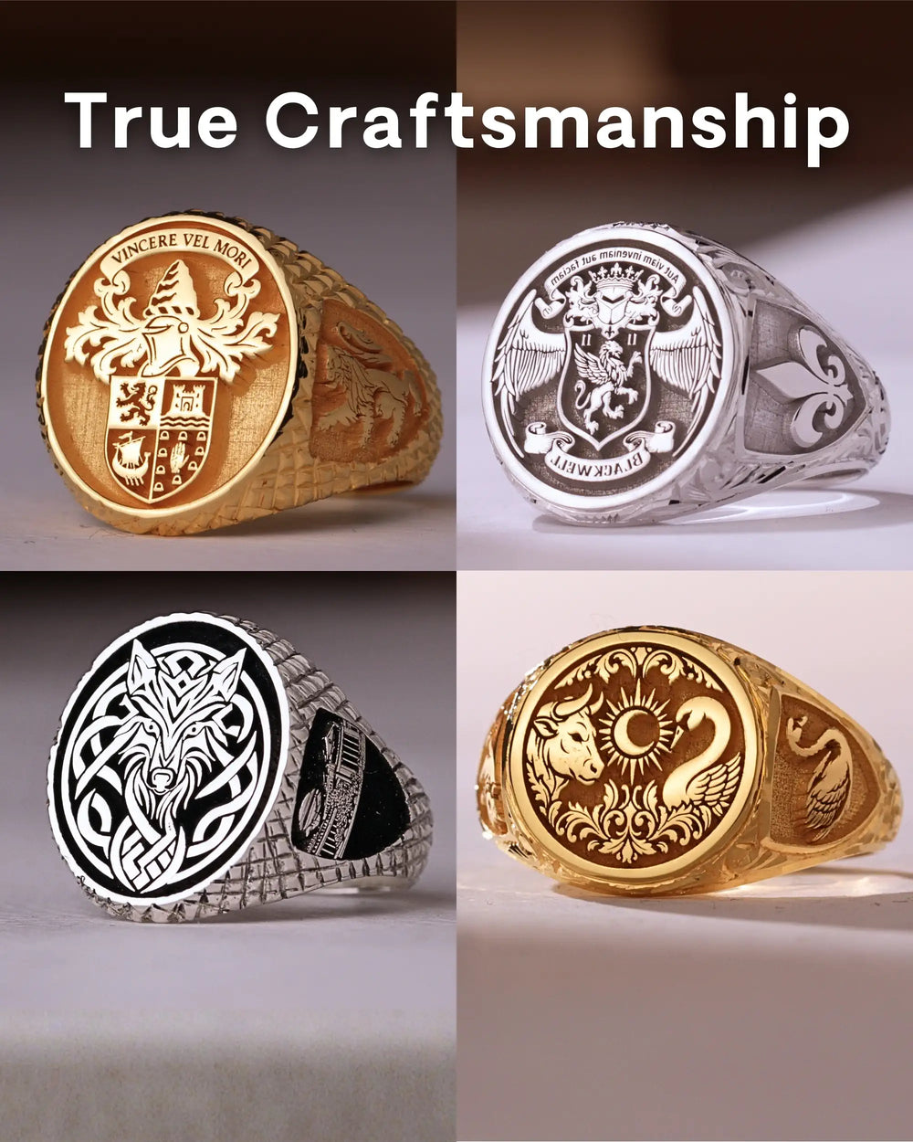 True craftsmanship: four signet rings with hand-engraved, textured bands, family crests, a Celtic wolf and a bull and swan
