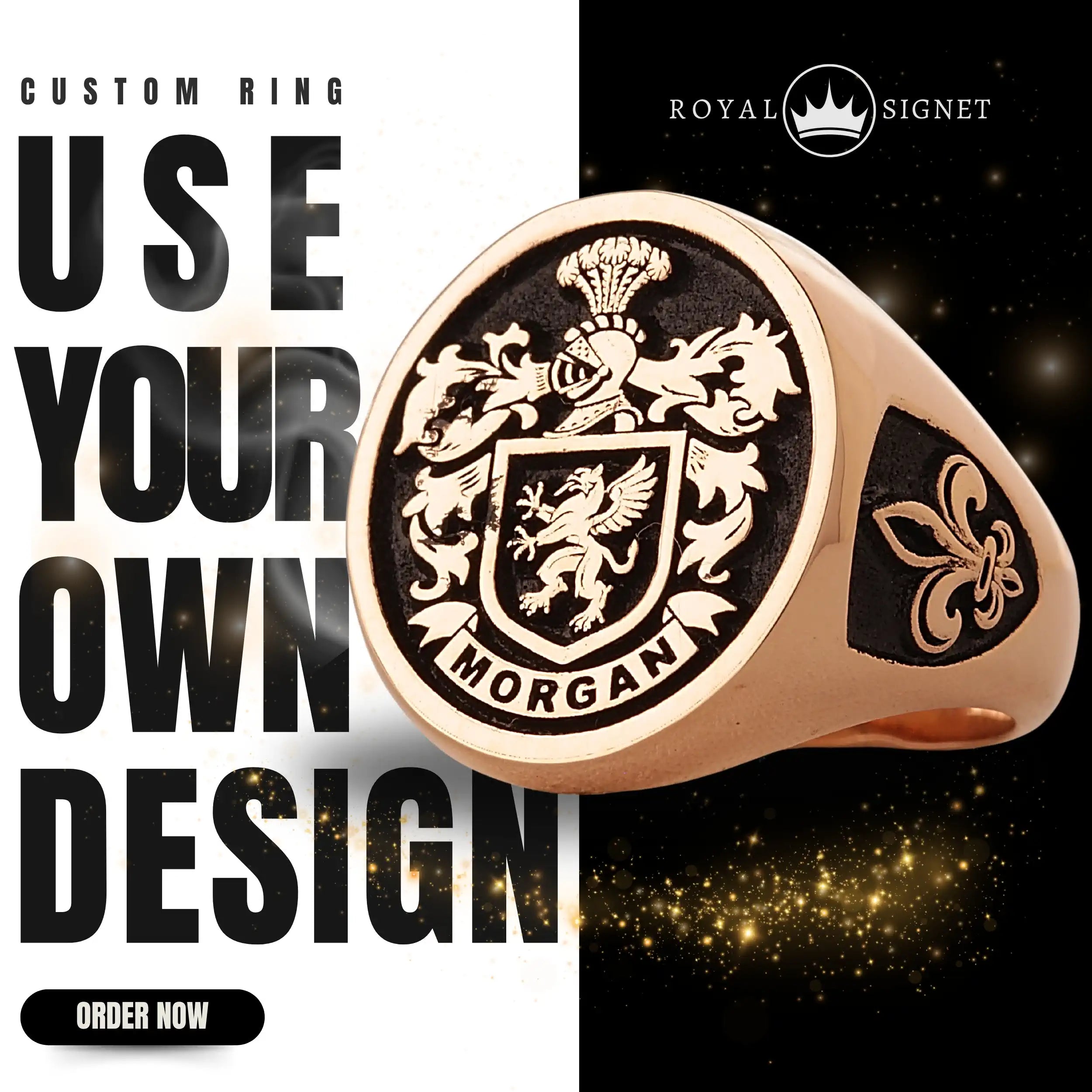 Custom Ring - Rose Gold Coated - Raised Design with Black Inlay and Side Engravings