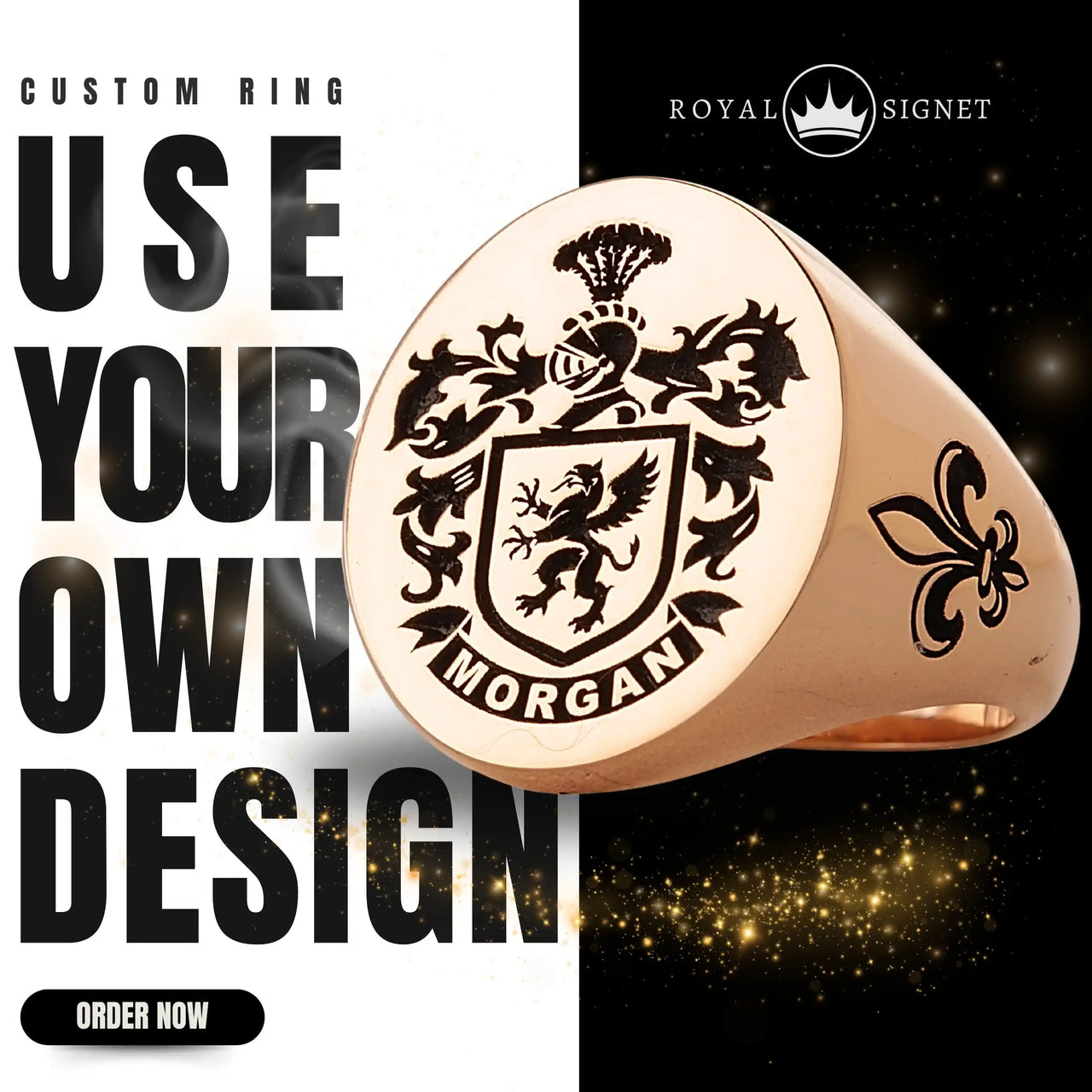 Custom Ring - Rose Gold Coated - Recessed Design with Black Inlay and Side Engravings