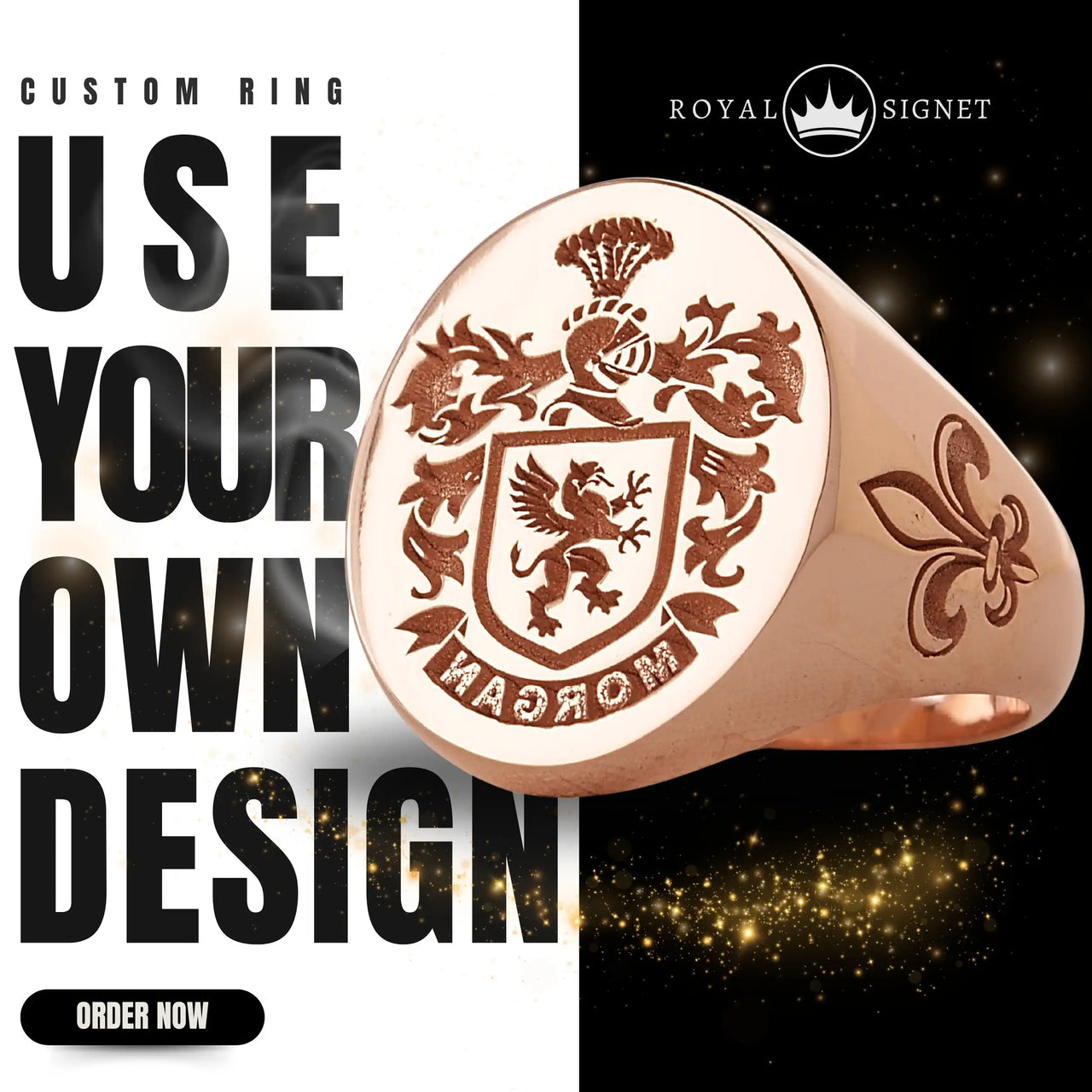 Custom Wax Seal Ring - Rose Gold Coated - Recessed & Reversed Design with Side Engravings