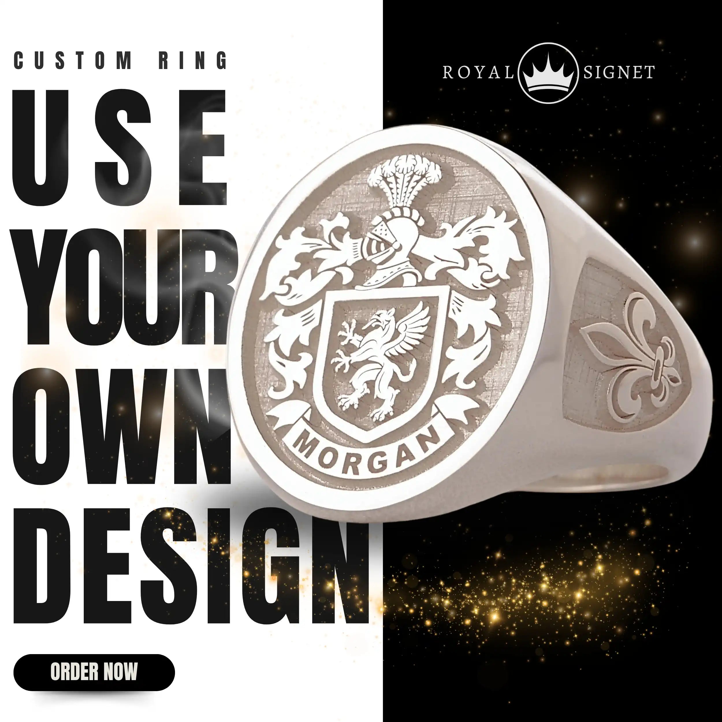 Custom Ring - White Gold Coated - Raised Design with Side Engravings