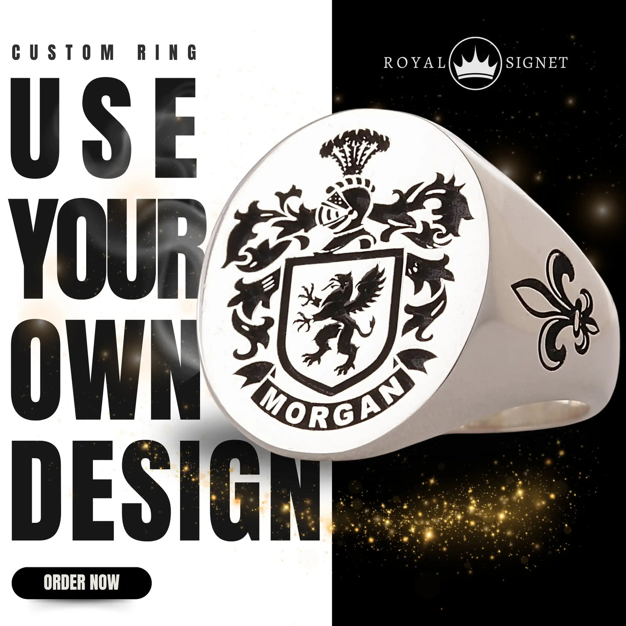 Custom Ring - White Gold Coated - Recessed Design with Black Inlay and Side Engravings