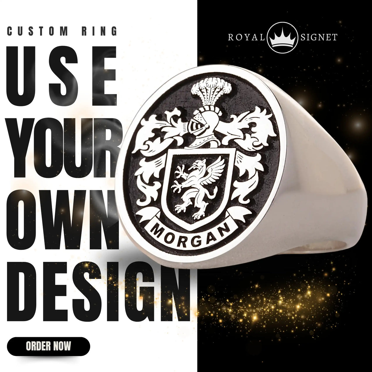 Custom Ring - White Gold Coated - Raised Design with Black Inlay