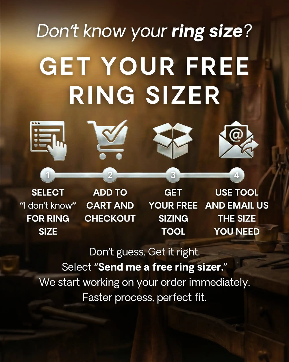Free ring sizer: choose it at checkout, measure your finger with the tool we send and email us the size you need