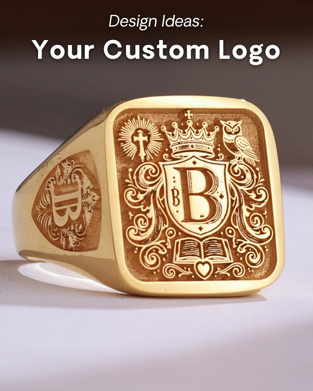 Design idea: solid gold cushion signet ring engraved with a custom B monogram logo with crown, owl and open book