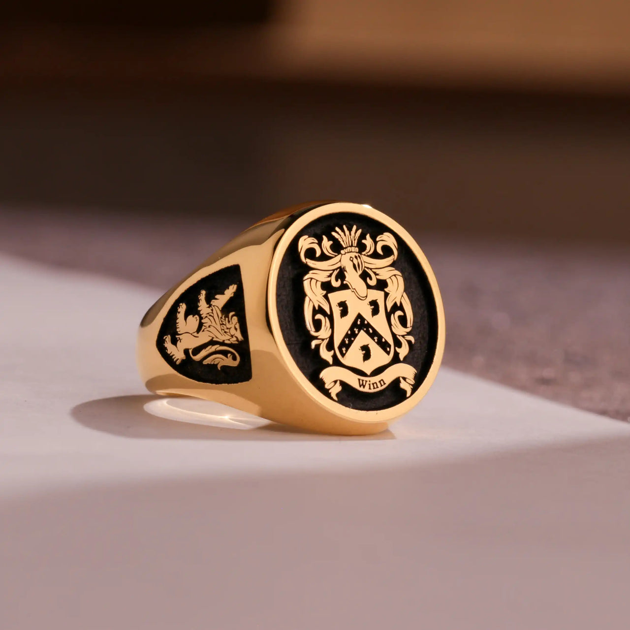 Custom Ring - Gold Coated - Raised Design with Black Inlay and Side Engravings