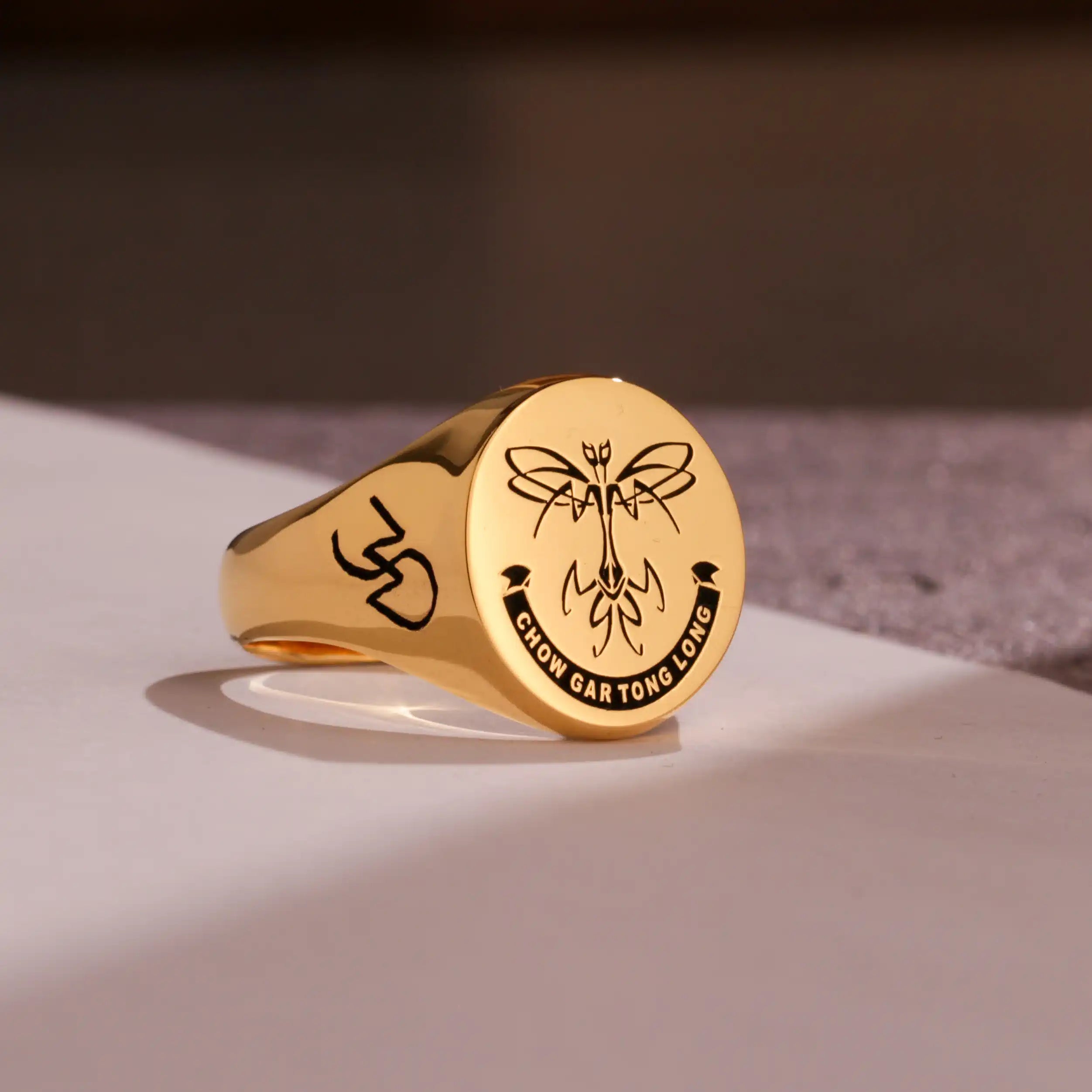 Custom Ring - Gold Coated - Recessed Design with Black Inlay and Side Engravings