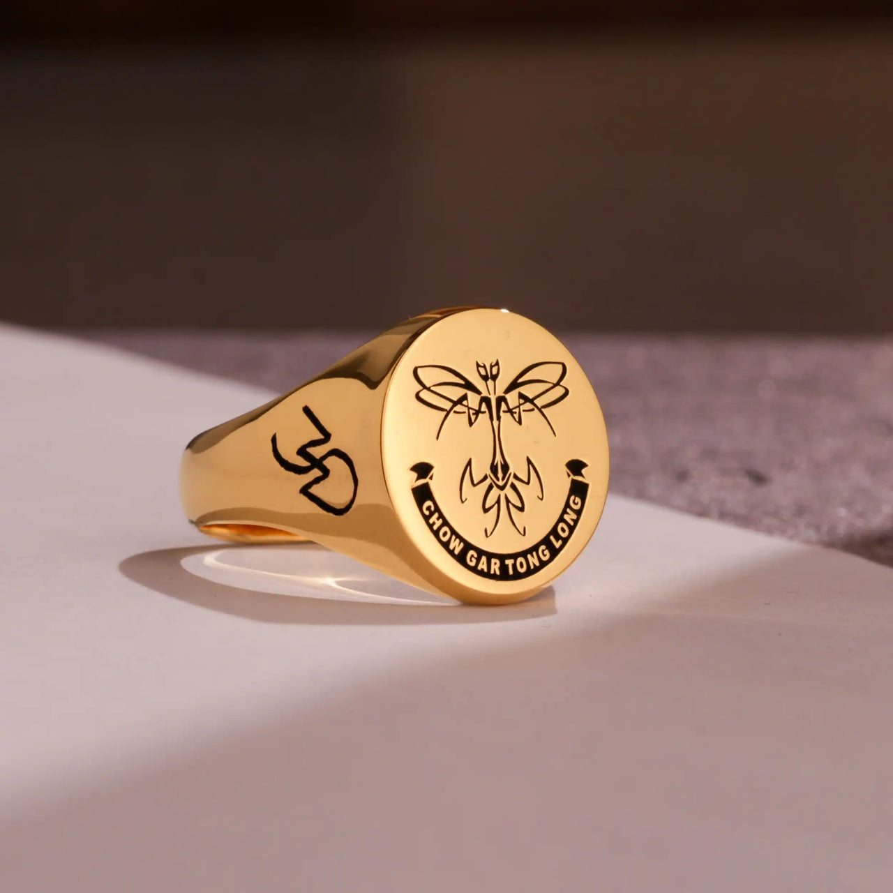 Custom Ring - Gold Coated - Recessed Design with Black Inlay and Side Engravings