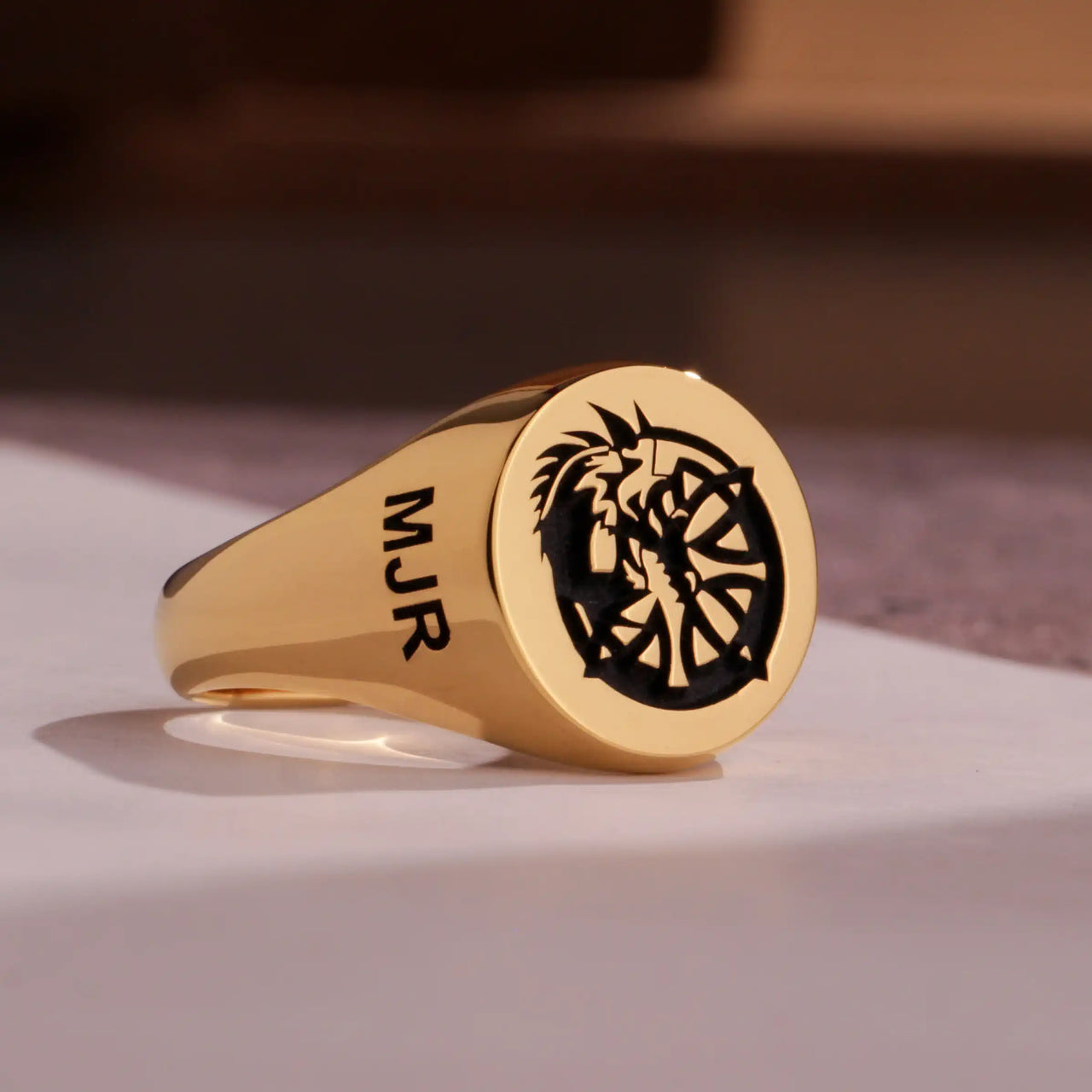 Custom Ring - Gold Coated - Recessed Design with Black Inlay and Side Engravings