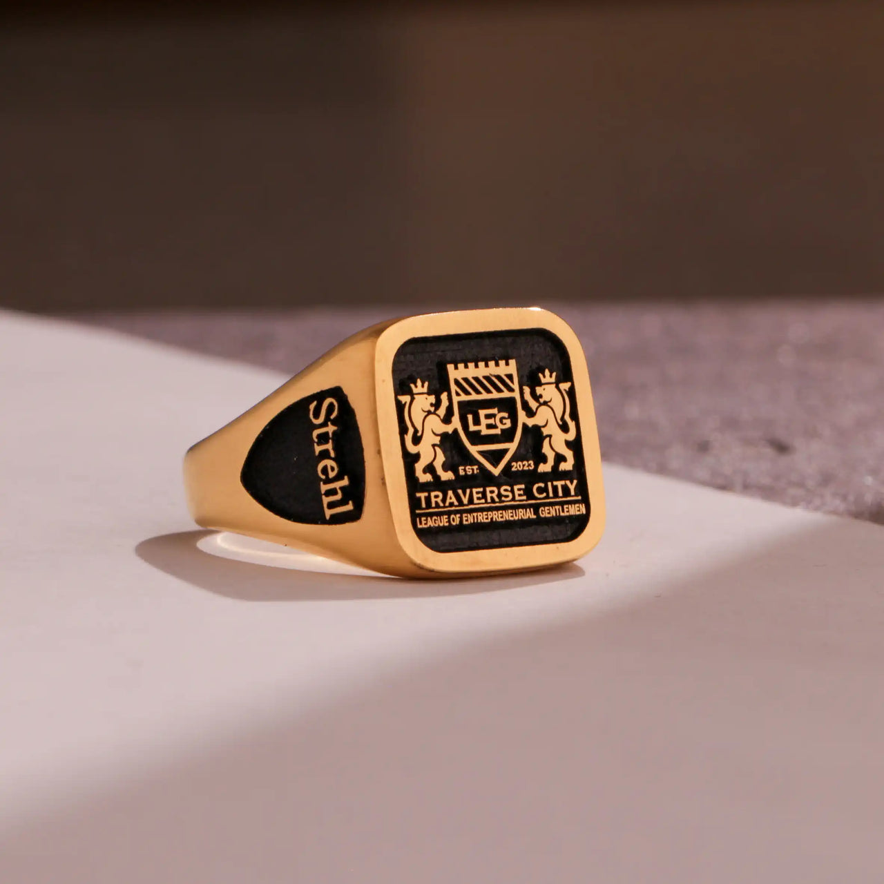 Custom Ring - Gold Coated - Raised Design with Black Inlay and Side Engravings