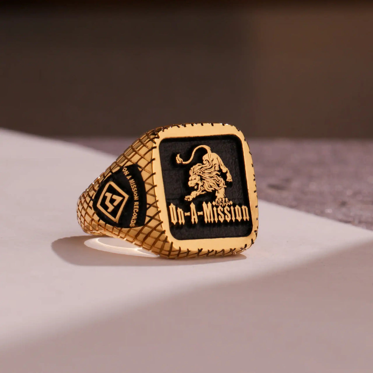 Custom Ring - Gold Coated - Raised Design with Black Inlay and Side Engravings