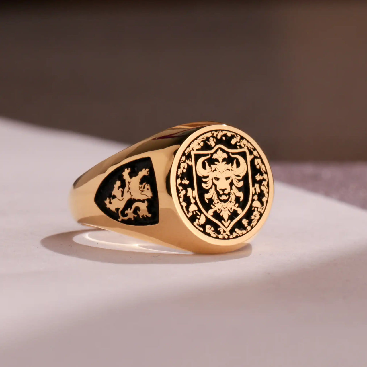 Custom Ring - Gold Coated - Raised Design with Black Inlay and Side Engravings