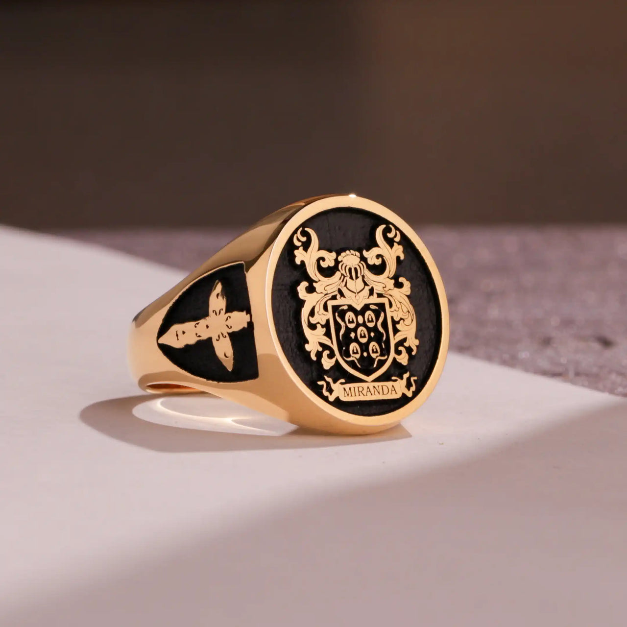 Custom Ring - Gold Coated - Raised Design with Black Inlay and Side Engravings