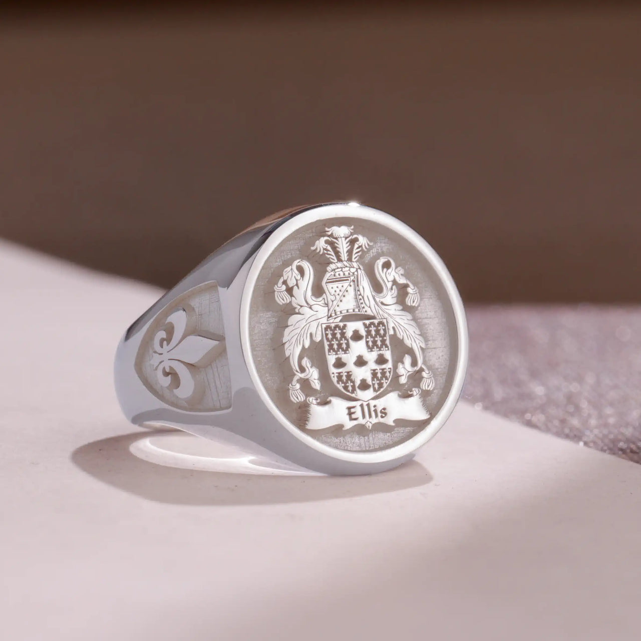 Custom Ring - White Gold Coated - Raised Design with Side Engravings