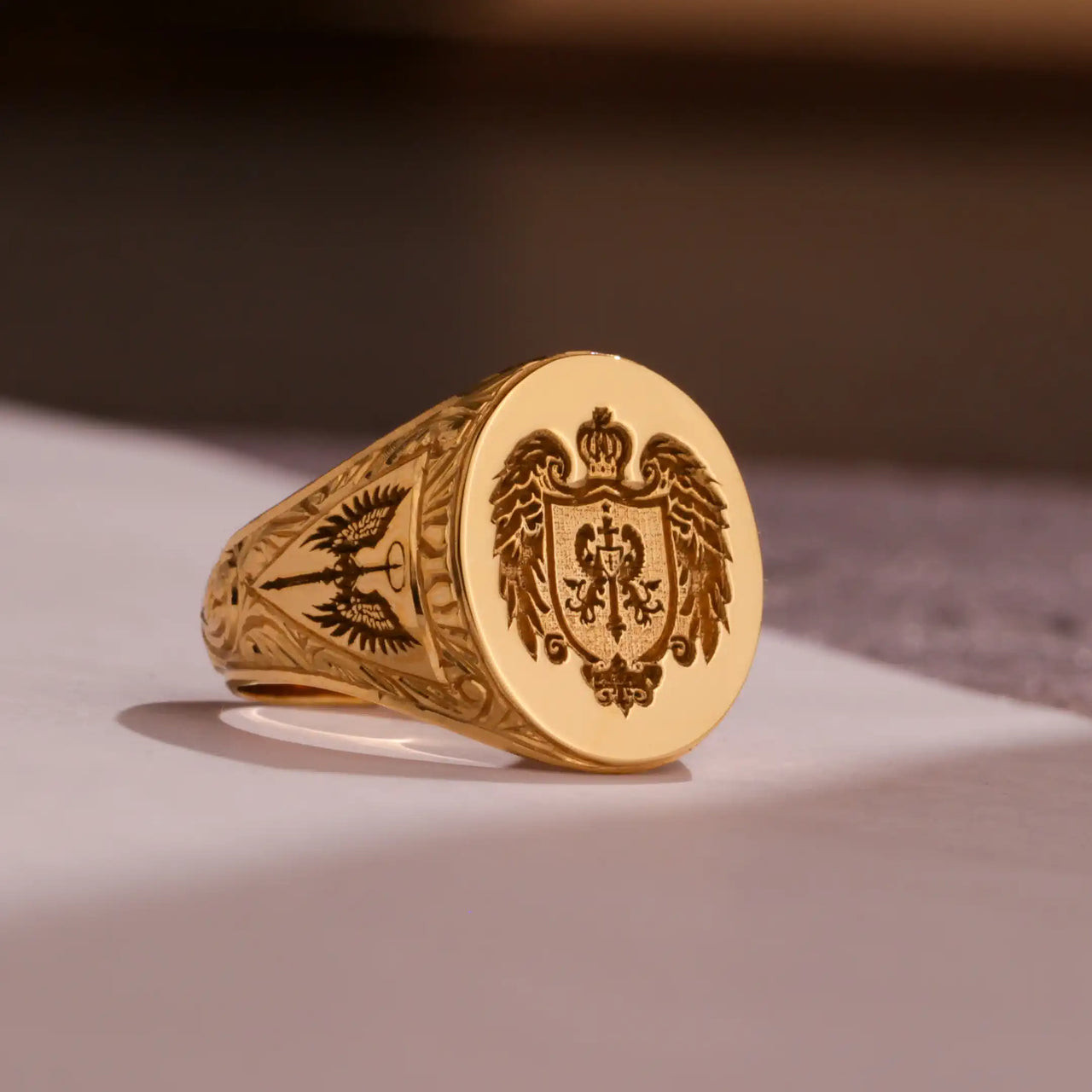 Custom Wax Seal Ring - Gold Coated - Recessed & Reversed Design with Side Engravings