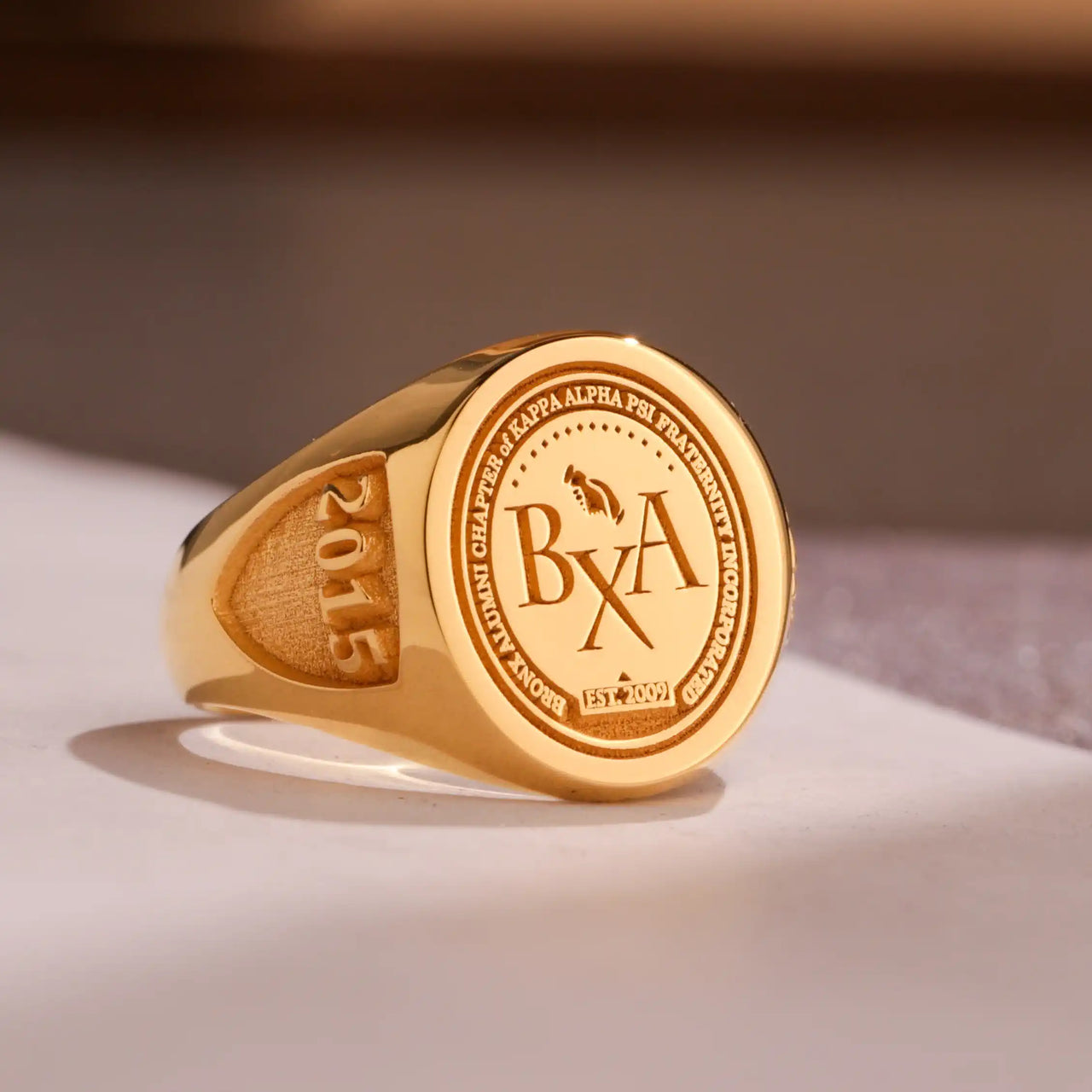 Custom Ring - Gold Coated - Raised Design with Side Engravings