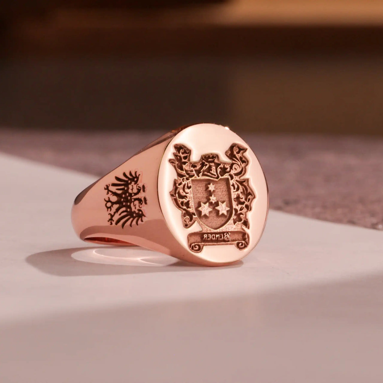 Custom Wax Seal Ring - Rose Gold Coated - Recessed & Reversed Design with Side Engravings