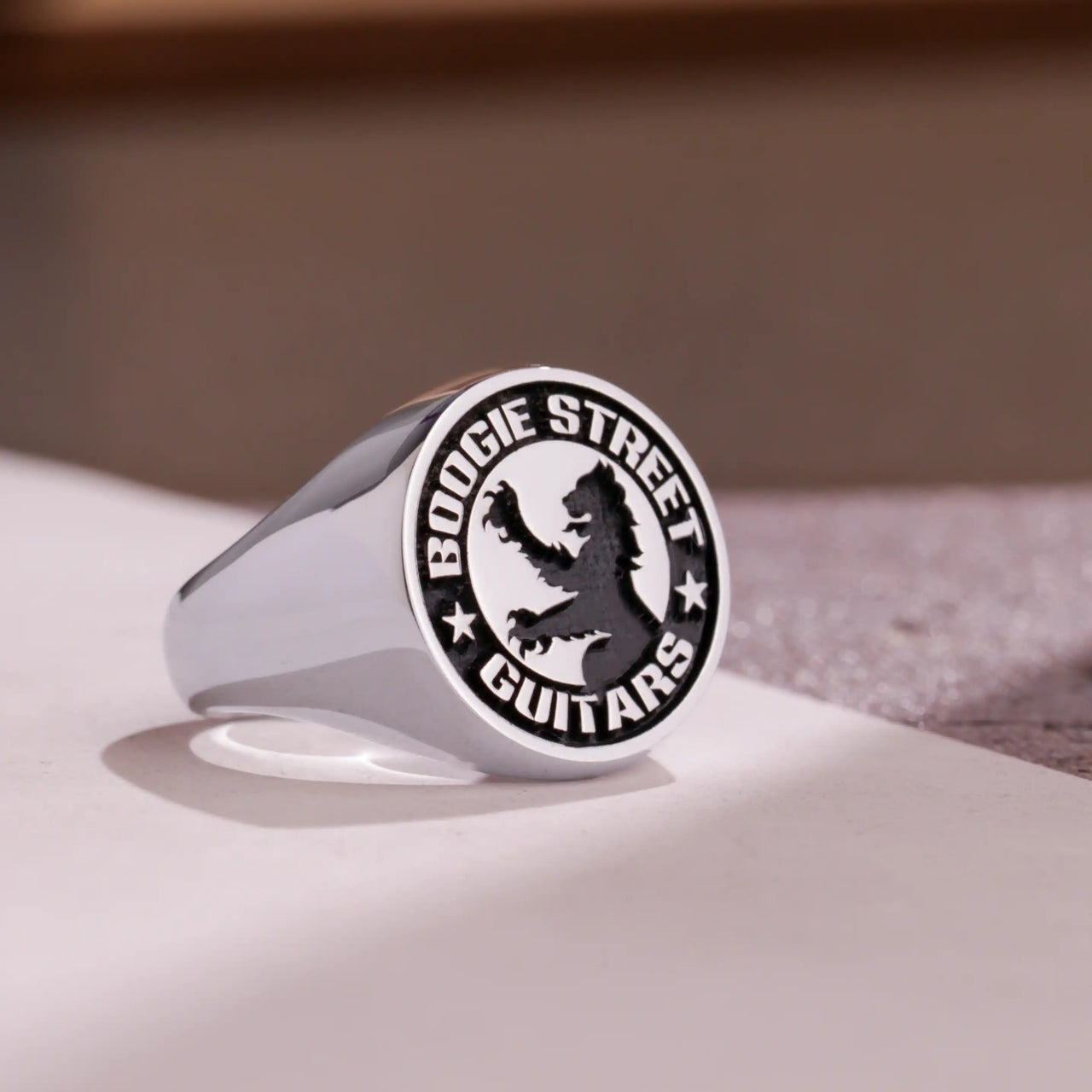 Custom Ring - White Gold Coated - Raised Design with Black Inlay