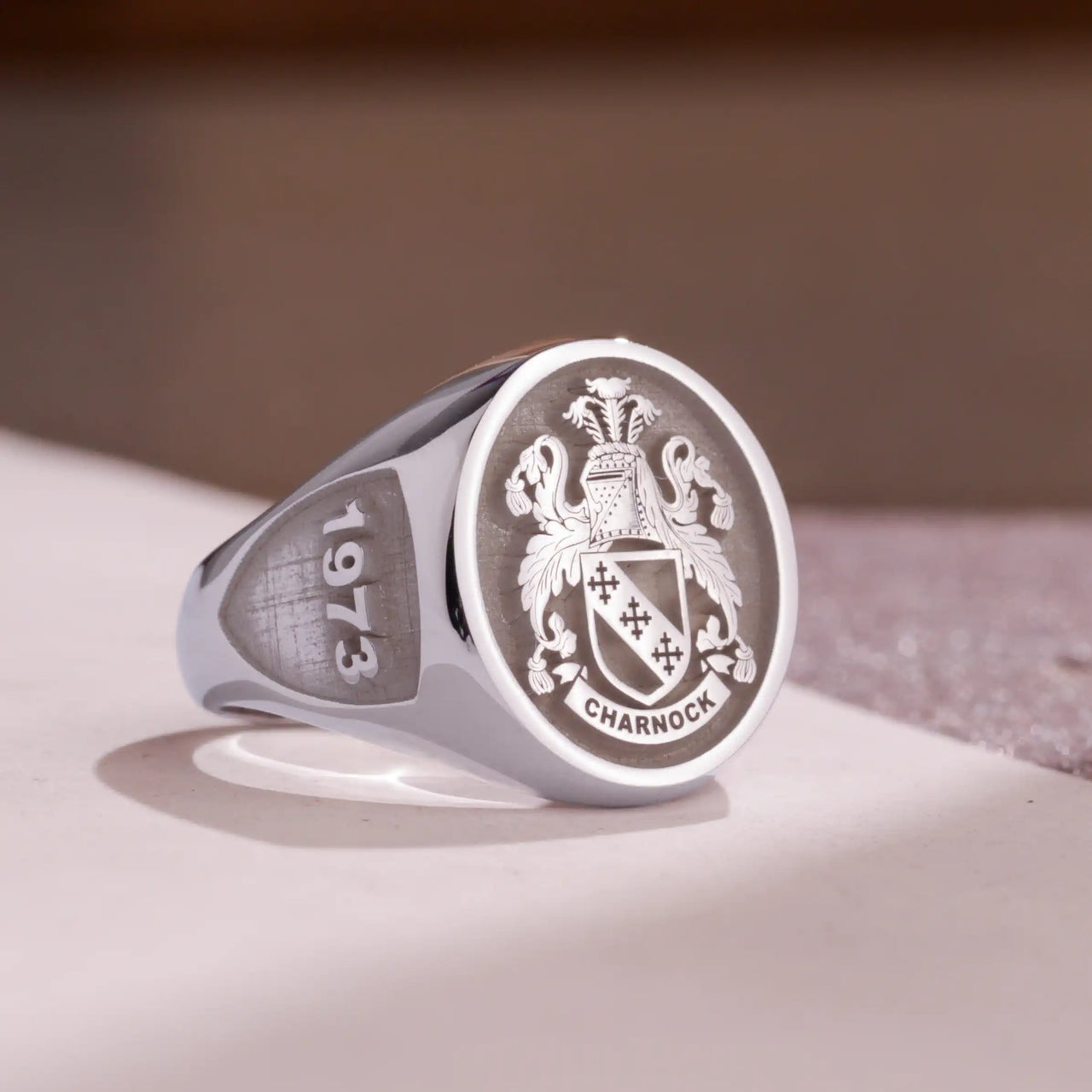 Custom Ring - White Gold Coated - Raised Design with Side Engravings