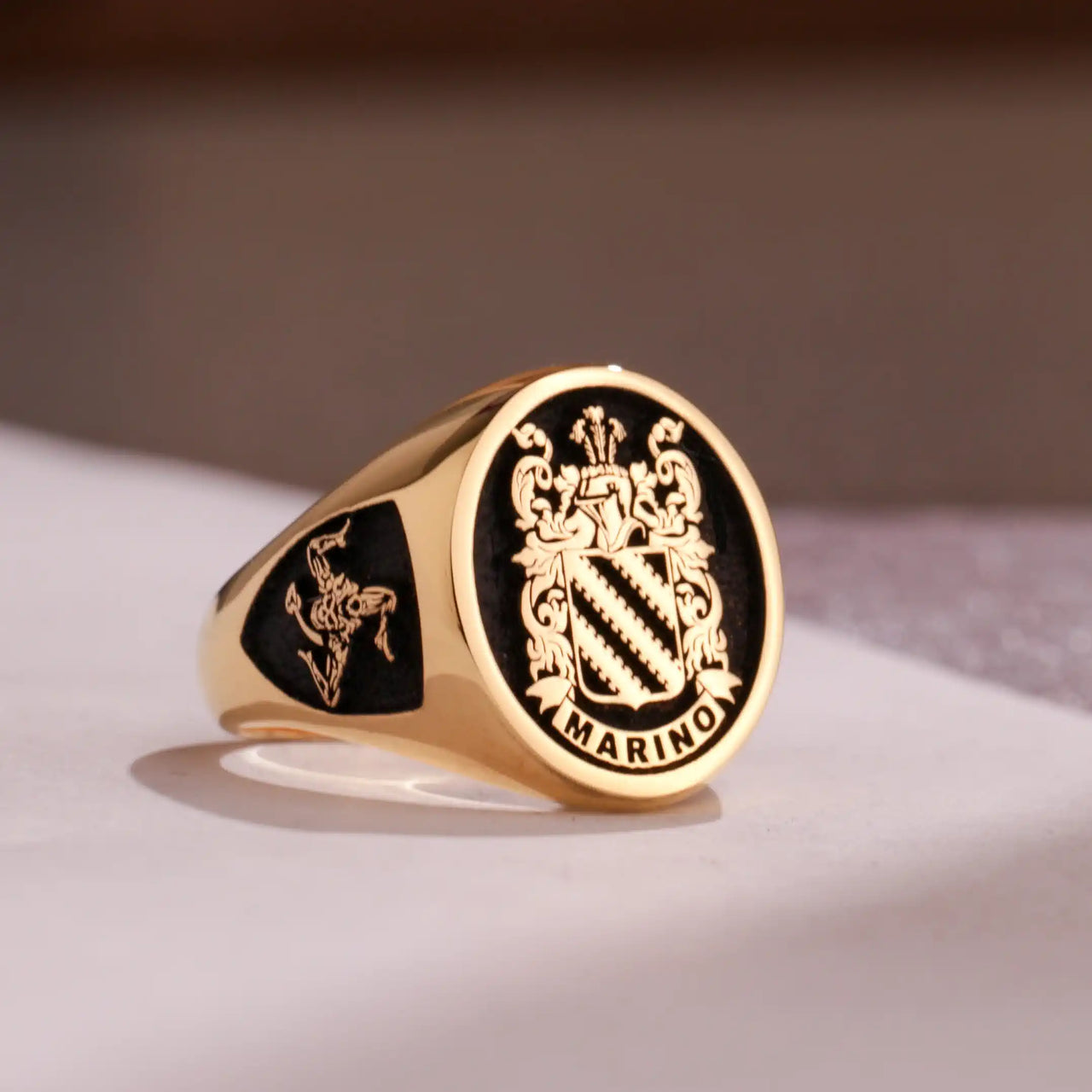 Custom Ring - Gold Coated - Raised Design with Black Inlay and Side Engravings