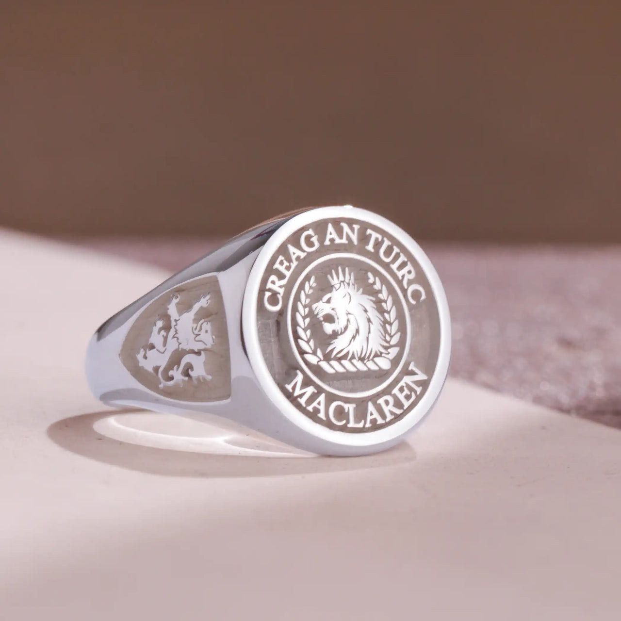 Custom Ring - White Gold Coated - Raised Design with Side Engravings