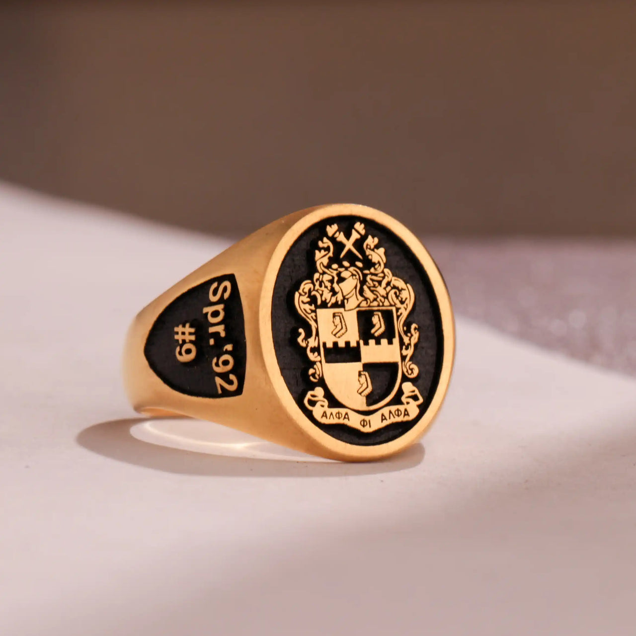 Custom Ring - Gold Coated - Raised Design with Black Inlay and Side Engravings