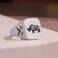 Thumbnail for Custom Ring - White Gold Coated - Recessed Design with Black Inlay and Side Engravings