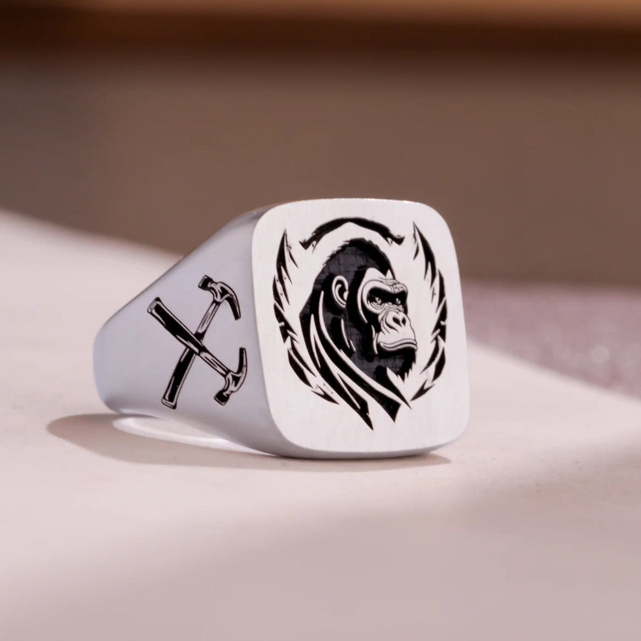 Custom Ring - White Gold Coated - Recessed Design with Black Inlay and Side Engravings