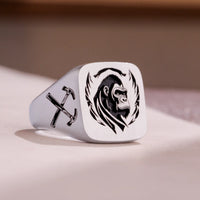 Thumbnail for Custom Ring - White Gold Coated - Recessed Design with Black Inlay and Side Engravings