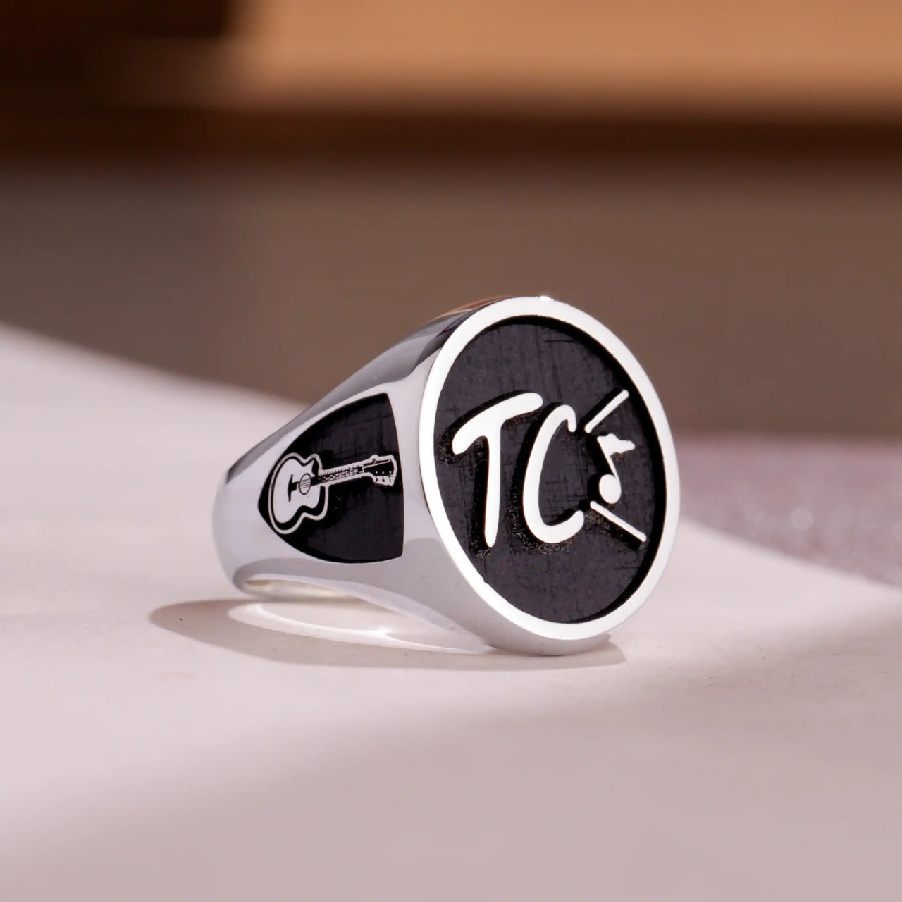 Custom Ring - White Gold Coated - Raised Design with Black Inlay and Side Engravings