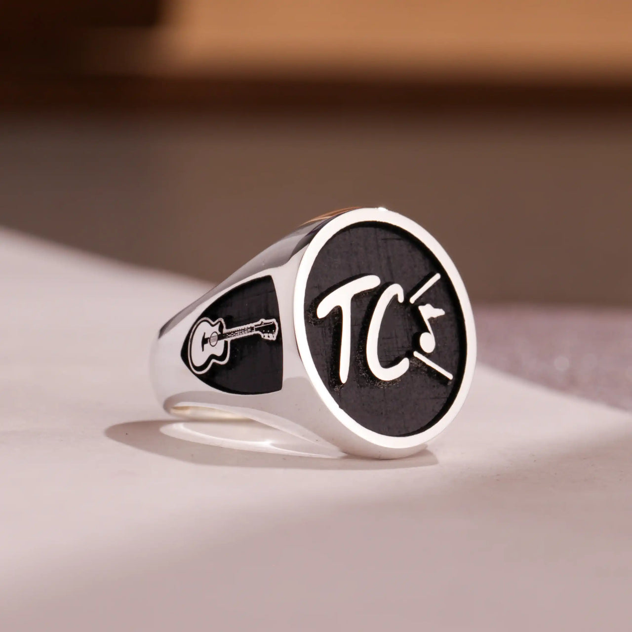 Custom Ring - 925 Silver - Raised Design with Black Inlay and Side Engravings