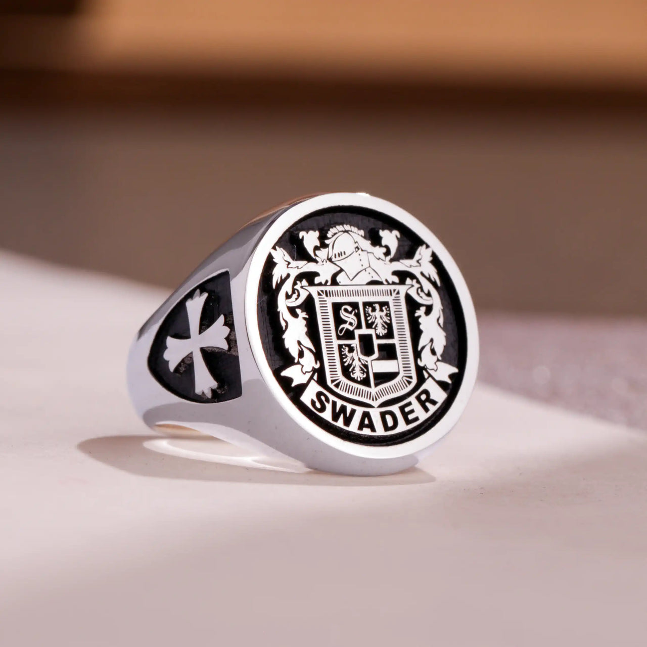 Custom Ring - White Gold Coated - Raised Design with Black Inlay and Side Engravings