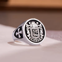 Thumbnail for Custom Ring - White Gold Coated - Raised Design with Black Inlay and Side Engravings