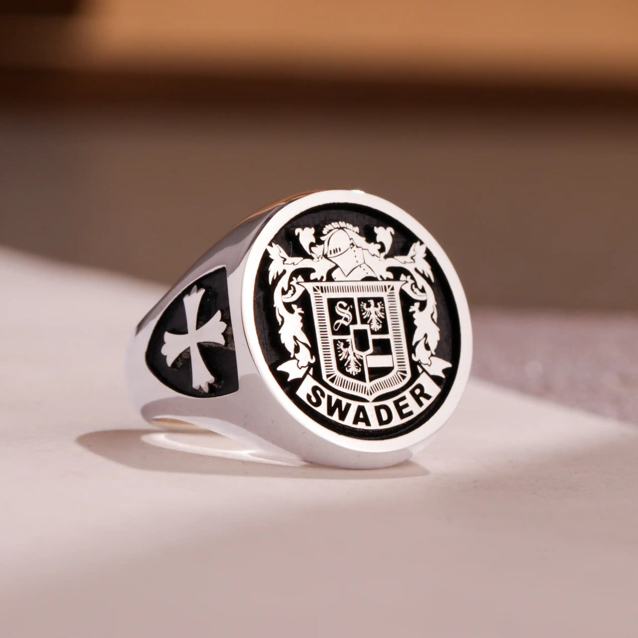 Custom Ring - 925 Silver - Raised Design with Black Inlay and Side Engravings